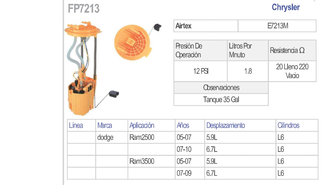 BOMBA COMBUSTIBLE RAM 2500,3500  2005/2010 ,5.9,6.7, L6